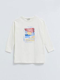 Bisiklet Yaka Bask?l? Pul ??lemeli Uzun Kollu Pamuklu K?z ?ocuk Tunik