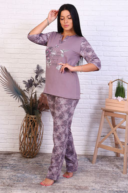 Пижама с брюками футер с начёсом, принт, кофе (945-2) - Плиона фото 5