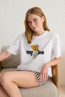 Trendyolmilla Kad?n Couple/Cift Cok Renkli %100 Pamuklu Ay?c?kl? Cizgili Sortlu Orme Pijama Tak?m? THMSS24PT00175  фото 20