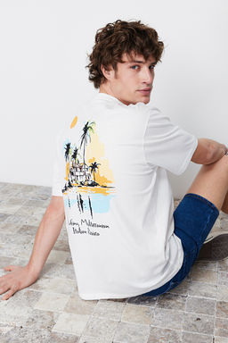 Ekru Oversize/Genis Kesim Manzara Bask?l? %100 Pamuklu K?sa Kol T-Shirt TMNSS24TS00124