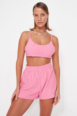 Pembe Orme Havlu Bluz Sort Plaj Tak?m TBESS23AU00163