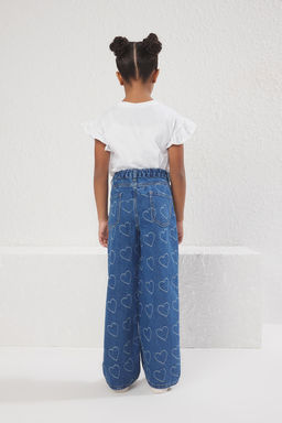 Mavi K?z Cocuk %100 Pamuk Kalp Desenli Flare Genis Paca Lastikli Demim Jean TKDSS25JE00000 - Trendyolmilla фото 3