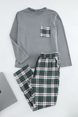 TRENDYOL MAN Gri- Yesil Ekose Desenli Dokuma Pijama Tak?m? TMNAW25PT00038