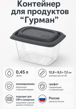 Контейнер для продуктов Гурман 0,45л, 12,8х9,5х7,2см, полипропилен, графит, подходит для СВЧ и заморозки (Россия) - Домашняя Мода фото 6