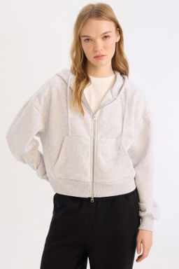 Coool Standart Fit Kapusonlu Basic Duz Kanguru Cepli Fermuarl? Sweatshirt