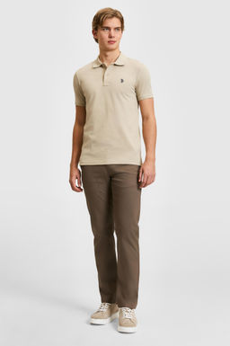 Erkek Slim Fit Polo Yaka A__k Haki Basic Ti__rt