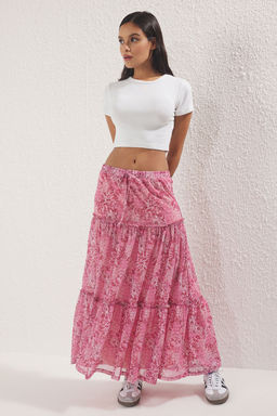 Pembe Tul Cicek bask?l? Buzgu/Drape Detayl? Esnek Etek TWOSS25ET00064