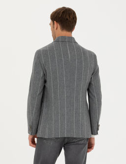 Gri Ex.Slim Fit %100 Y_n _izgili Kruvaze Ceket