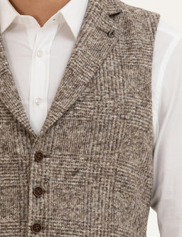 Bej Slim Fit Y_n Kar___ml_ Dokuma Yelek