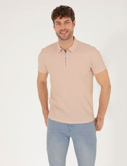 Bej Slim Fit Fermuarl_ Polo Yaka Ti__rt
