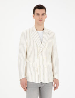 Ekru Slim Fit _izgili Keten Kruvaze Ceket