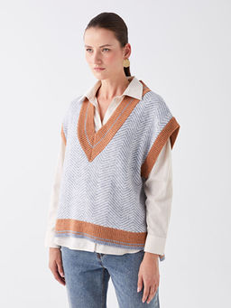 V Yaka Desenli Oversize Kad?n Triko S?veter