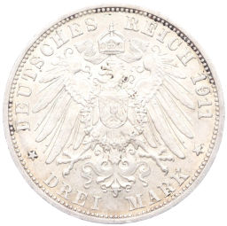 3 марки 1911 года F Германия (Вюртемберг) 25 лет свадьбе Вильгельма II и Шарлотты