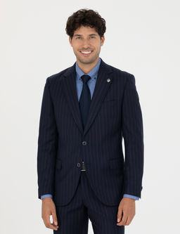 %100 Y_n Lacivert _izgili Ekstra Slim Fit Tak_m Elbise