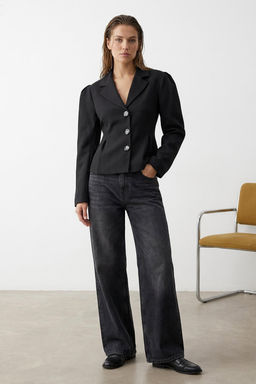 Siyah Fitted/Vucuda Oturan Dugme Aksesuarl? Dokuma Blazer Ceket TWOAW26BC00069 - Trendyolmilla фото 8