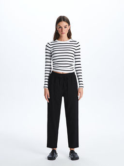 Beli Lastikli D?z Keten Kar???ml? Kad?n Pantolon