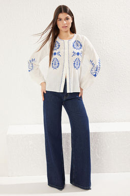 Beyaz Nak?s Detayl? Flaml? Kumas Regular Normal Kal?p Dokuma Gomlek TWOSS25GO00048 - Trendyolmilla фото 3