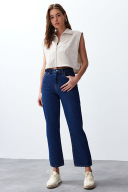 Bej Melanj Relaxed/Rahat Kal?p Fermuarl? Dik Yaka Ay Kol Kal?n Yelek TWOSS24YE00011