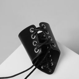 Браслет манжета кожаная «Шнуровка», чёрный, серебряный