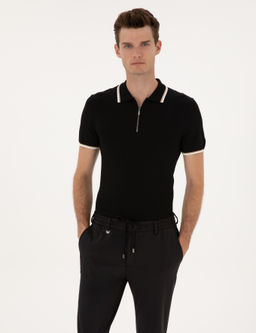 Siyah Slim Fit Polo Yaka Fermuarl_ Triko Kazak