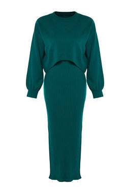 Yesil Midi Triko Uzun Kazak-Elbise Tak?m TWOAW25EL00060