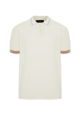 Ekru Regular Fit Cizgi Detayl? Dokulu Triko Polo Yaka T-Shirt TMNSS24PO00002