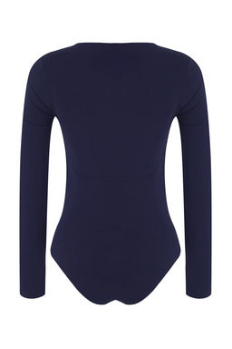 Lacivert Duz Asimetrik Yaka Uzun Orme Sandy Y?lbas? Body TPRAW26BD00023