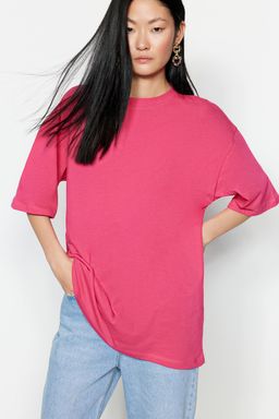 Fusya%100 Kal?n Pamuklu Premium Oversize/Genis Kal?p Bisiklet Yaka Orme T-Shirt TWOSS23TS00040