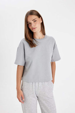 Женская серая базовая однотонная футболка с круглым вырезом и короткими рукавами Relax Fit
