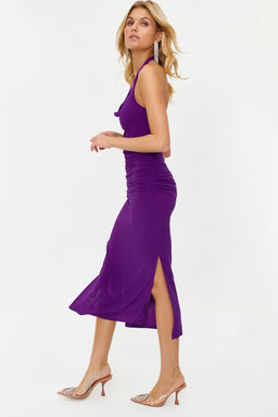 Mor Vucuda Oturan Degaje Yaka Orme S?k Abiye Elbise TPRSS24EL00015