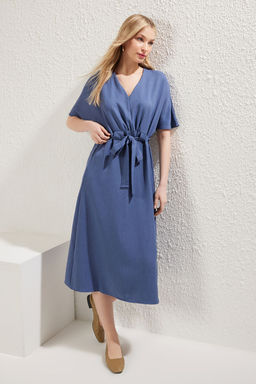 TRENDYOLMILLA Turuncu Baglama Detayl? A Kesim V Yaka Midi Dokuma Elbise TWOSS23EL01543  фото 26