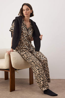 Cok Renkli %100 Pamuklu Leopar Desenli Biyeli Orme Pijama Tak?m? THMAW26PT00134