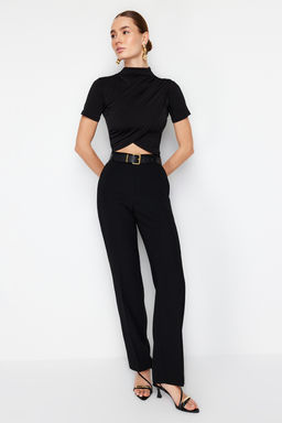 Siyah Dik Yaka K?sa Kollu Drapeli Crop Bluz Orme Bluz TWOSS24BZ00422