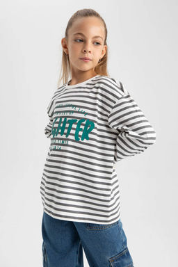 Футболка оверсайз с круглым вырезом и длинными рукавами для девочек - Defacto фото 7