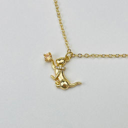 Колье на цепочке с камнем Обсидиан и подвеской "Кошка"