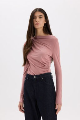 Slim Fit Dar Kesim Kay?k Yaka Basic Duz Uzun Kollu Bluz