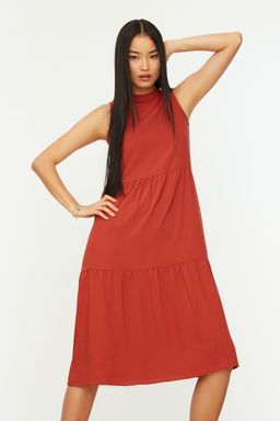 TRENDYOLMILLA Kahverengi Shift/Duz Kesim Dik Yaka Midi Dokuma Elbise TWOSS20EL1864 фото 27
