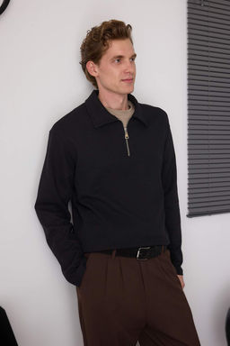 Siyah Oversize Polo Yaka Duz Polo Yaka T-shirt/Sweatshirt TMNAW26PO00000