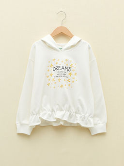 Kap??onlu Bask?l? Uzun Kollu K?z ?ocuk Sweatshirt