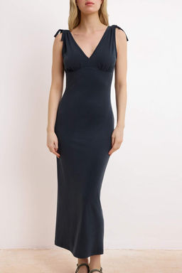 Antrasit Bodycon V Yaka Kolsuz Baglama Detayl? Maxi Modal Orme Elbise TWOSS26EL00205