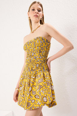 Sar? Cicek Desenli Gipeli Balon Etek Detayl? Mini Dokuma Elbise TWOSS24EL01141