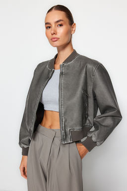Antrasit Eskitme Detayl_ Suni Deri Bomber Ceket Mont TWOAW24MO00278 - Trendyolmilla фото 6