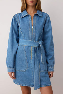 Mavi Fermuar ve Cep Detayl? Kusakl? Mini Denim Elbise TWOAW26EL00032