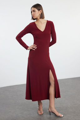 Trendyolmilla Siyah Duz V Yaka Etegi Volanl? Skater/Belden Ac?lan Esnek Maxi Orme Elbise TWOAW25EL00111  фото 7