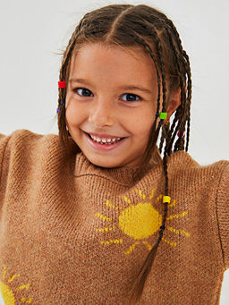 Bisiklet Yaka Desenli Uzun Kollu K?z ?ocuk Triko Kazak