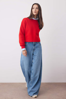 K?rm?z? Kal?n Ici Polarl? Bisiklet Yaka Crop Orme Sweatshirt TWOAW26SW00093