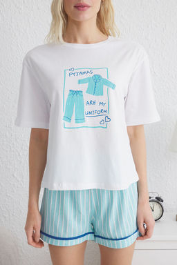 Trendyolmilla Beyaz-Pembe %100 Pamuklu Cizgili Bask?l? Sortlu Orme Pijama Tak?m? THMSS25PT00115 фото 4