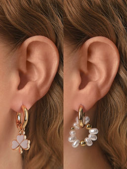 Серьги со съёмным элементом Трансформер клевер-сердце, цвет бело-бежевый в золоте