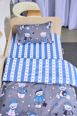 Постельное белье детское поплин с простыней на резинке - Мишки, цвет синий 145*112; 80*160*20; 40*60