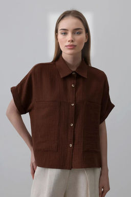 TRENDYOLMILLA Kahverengi Onu Cepli Dusuk Kol Oversize Gomlek TWOSS25GO00057